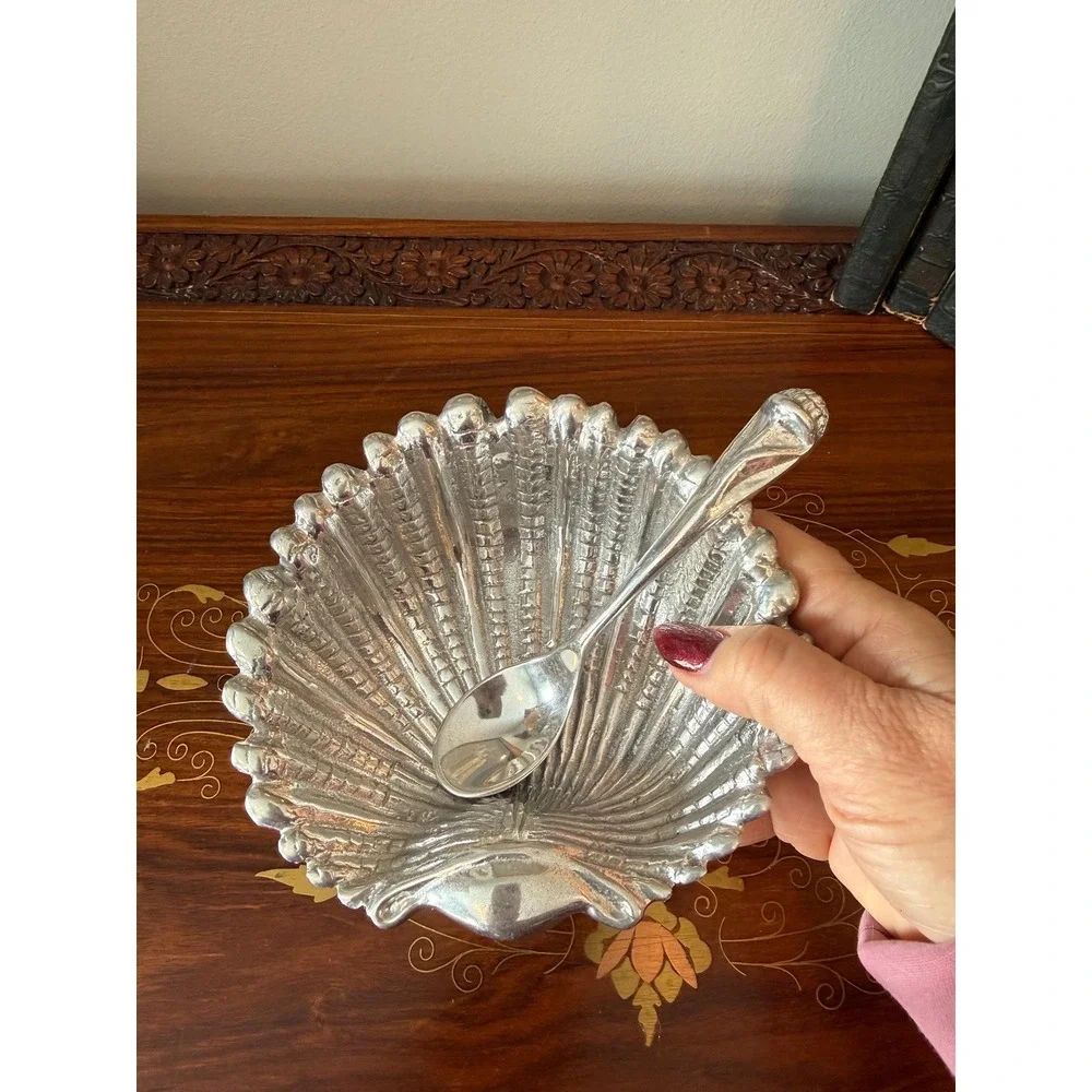 Vintage Shell Dish with‎ Spoon, Hand Cast Metal Scallop Bowl